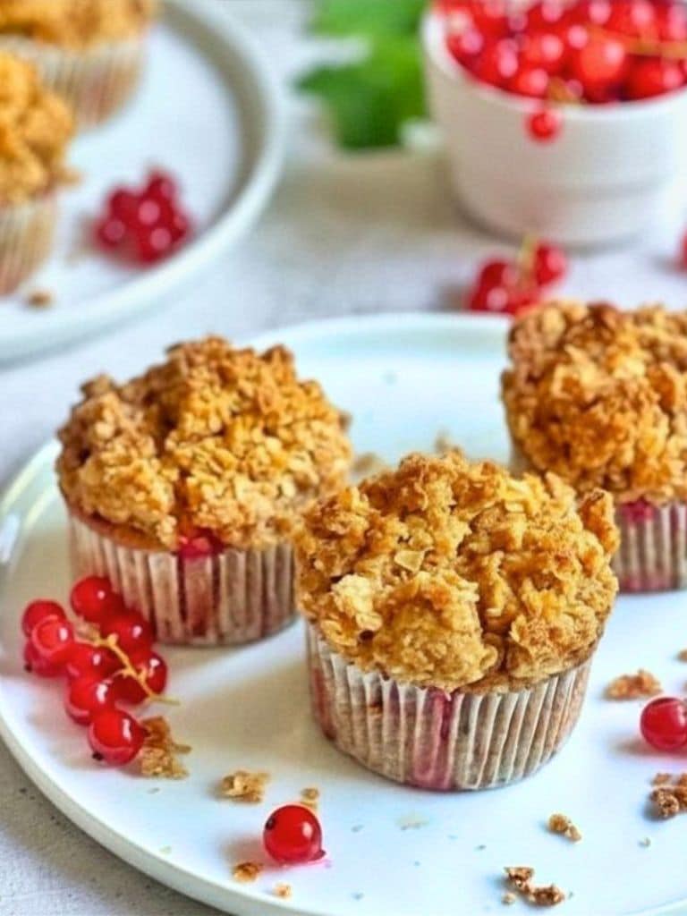 Vegane Johannisbeermuffins mit Streuseln auf Tellern.