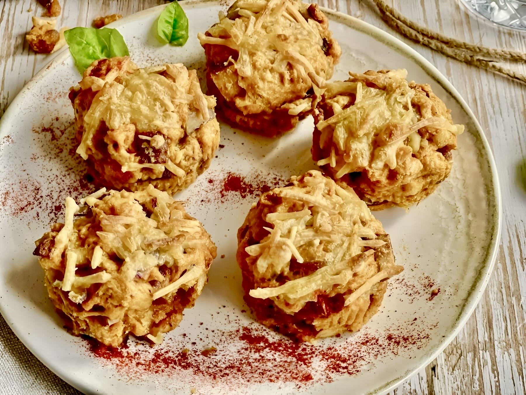 Vegane herzhafte Muffins mit Käsekruse auf einem Teller.