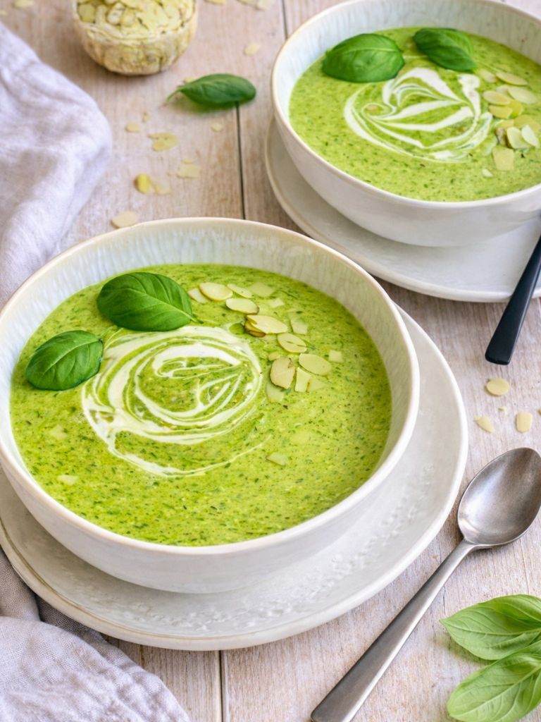 Cremige Bärlauchsuppe in einem Suppenteller.
