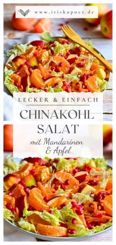 Chinakohlsalat mit Mandarinen, Äpfeln, Karotten und Granatapfelkernen in einer Schüssel-Pin.