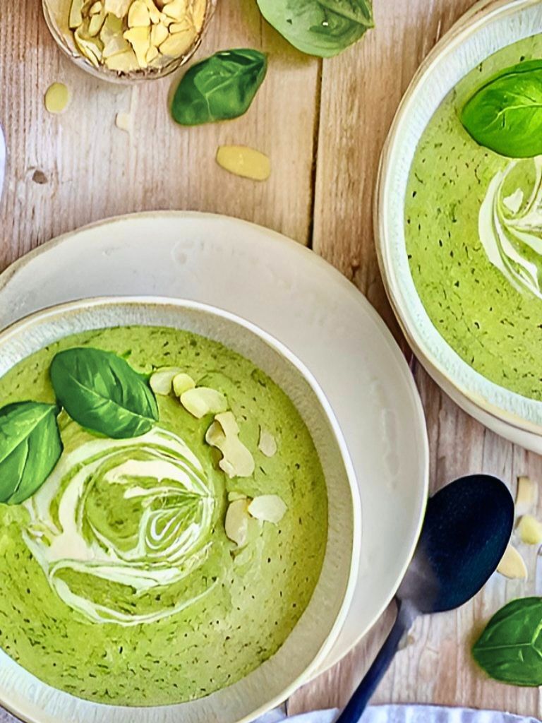 Cremige Bärlauchsuppe in einem Suppenteller.