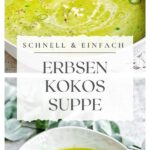 Vegane Erbsen-Kokos-Suppe mit Minze und Sesam in einem Suppenteller-Pin.