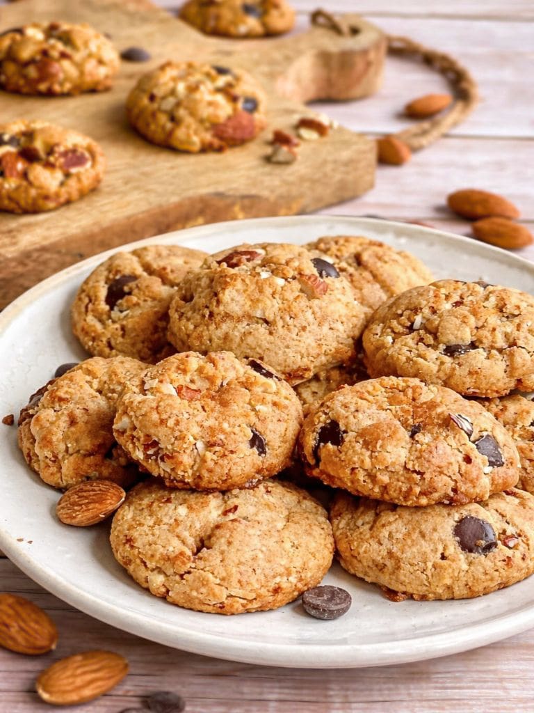 Vegane Erdnussbutter-Kekse mit Mandeln und Schokolade auf einem Teller.