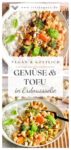 Gemüse mit Tofu in Erdnusssoße mit Reis auf einem Teller-Pin.