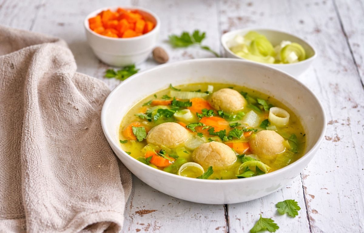 Vegane Grießklößchen ohne Ei in Gemüsesuppe
