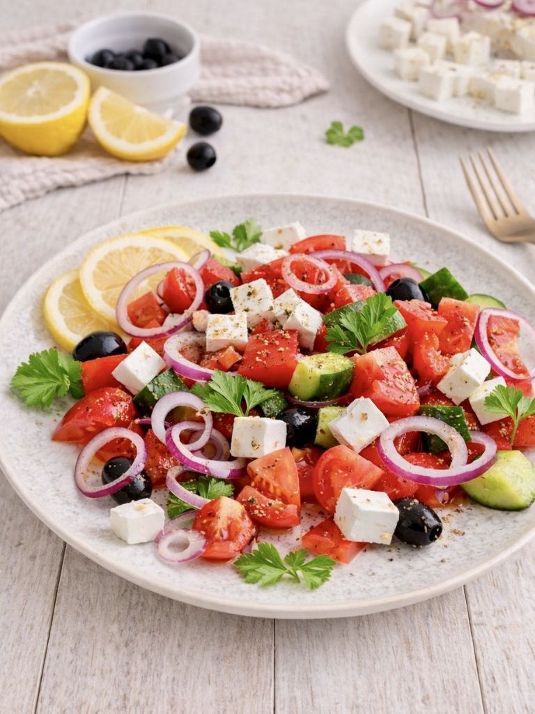 Griechischer Salat mit veganem Feta auf einem Teller.