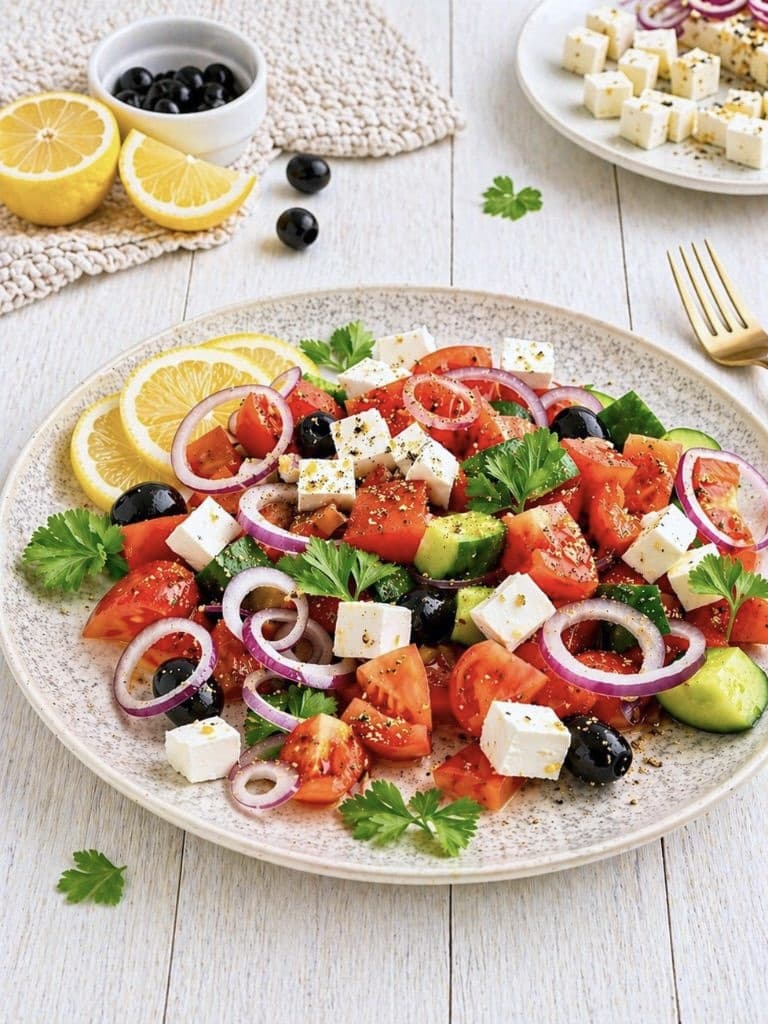 Veganer griechischer Salat auf einem Teller.