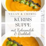 Vegane Kürbissuppe mit Kokosmilch & Brokkoli in einem Suppenteller-Pin.