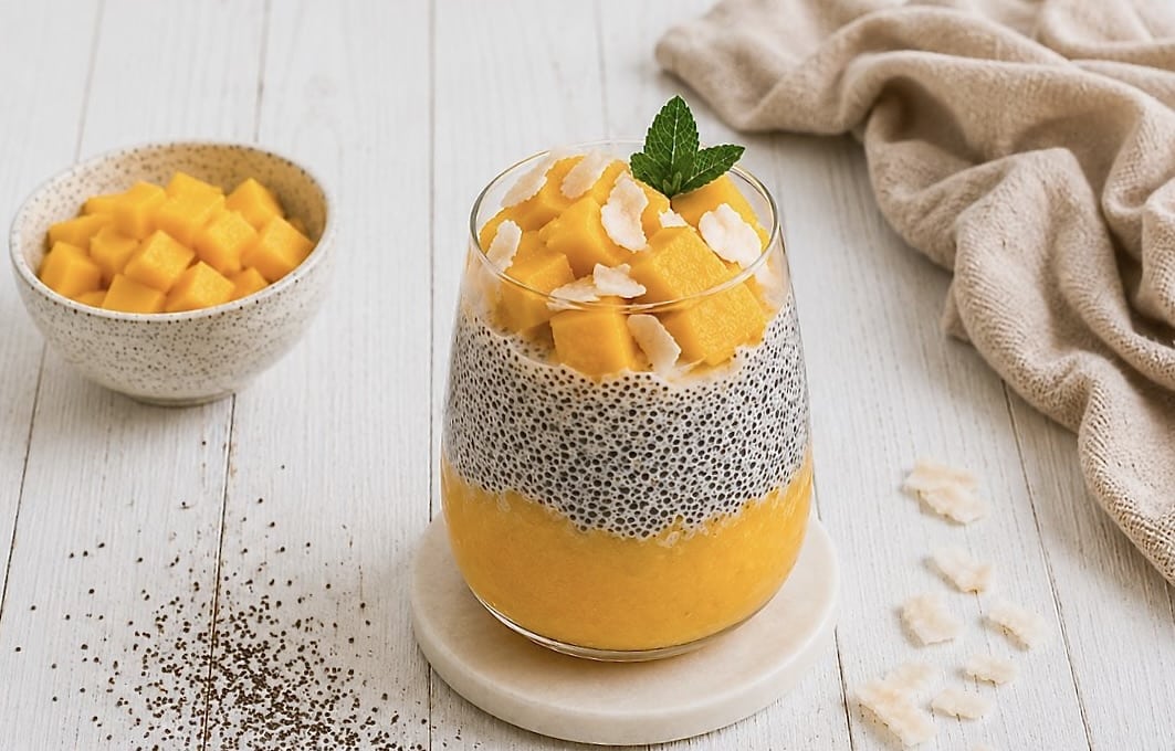 Mango-Chiapudding mit Kokos im Glas auf einem Holztisch.