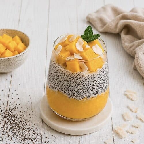 Mango-Chiapudding mit Kokos im Glas auf einem Holztisch.
