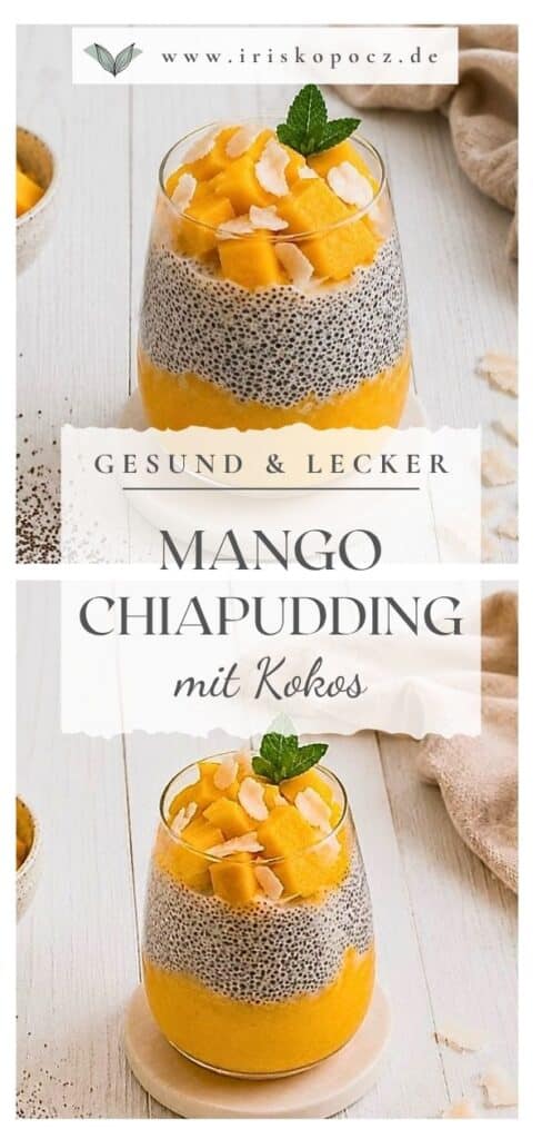 Mango-Chiapudding mit Kokos im Glas auf einem Holztisch-Pin.