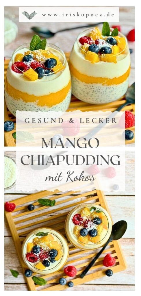 Mango-Chiapudding mit Kokos im Glas auf einem Holztisch-Pin.