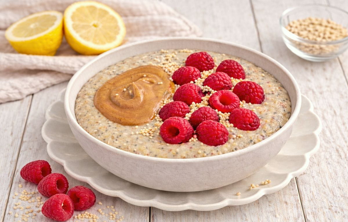 Mohn-Grießbrei mit Himbeeren als warmes veganes Frühstück.