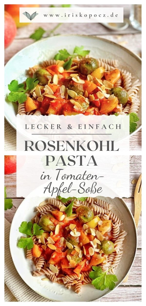 Vegane Pasta mit Rosenkohl in Tomaten-Apfel-Soße auf einem Teller-Pin.