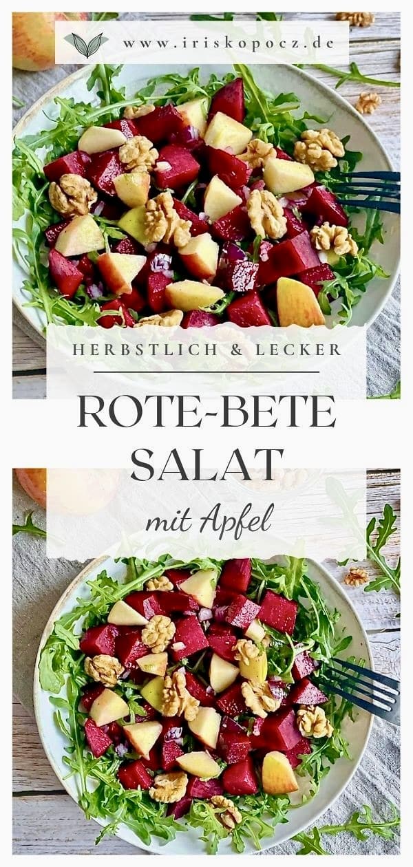 Rote-Bete-Salat mit Apfel, Rucola und Walnüssen auf einem Teller-Pin.