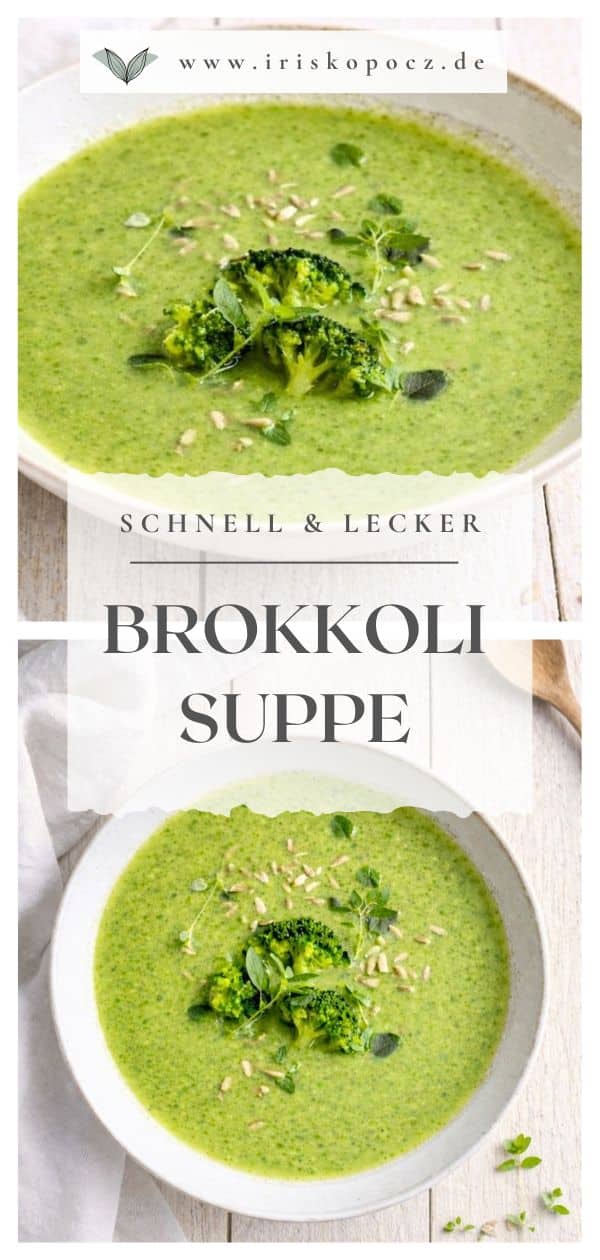 Schnelle vegane Brokkolisuppe in einem Suppenteller-Pin.