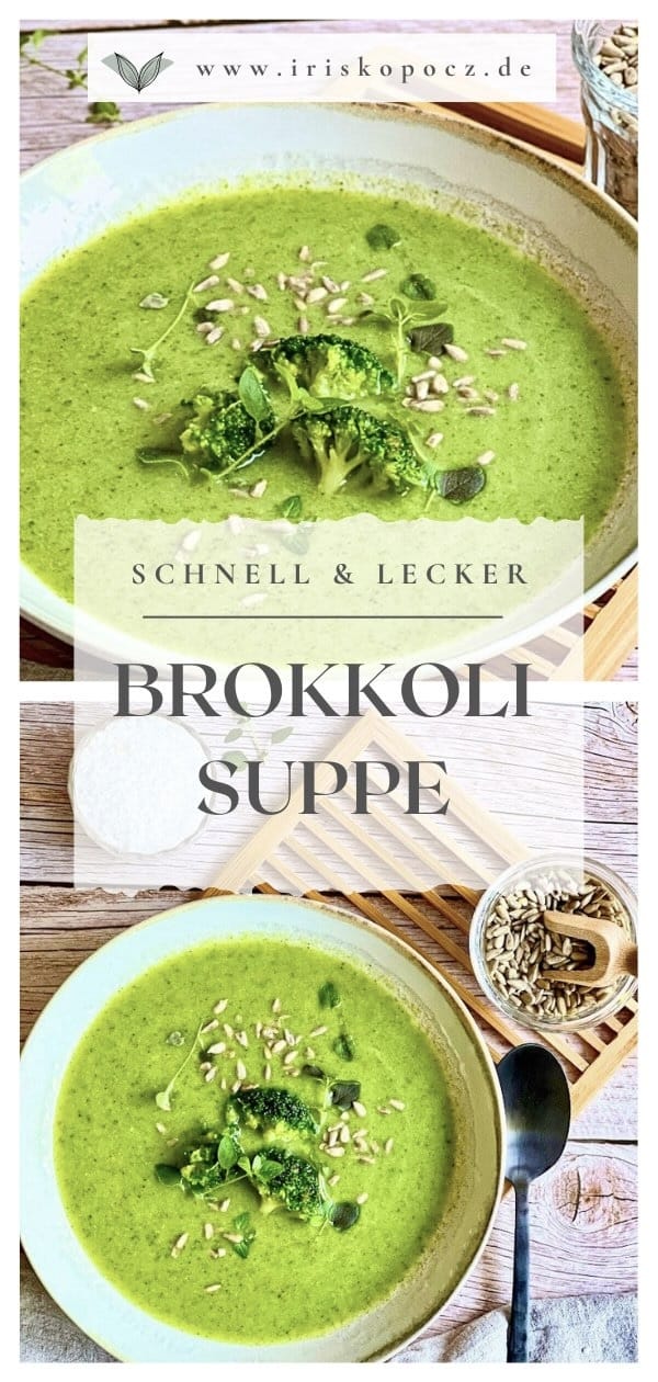 Schnelle vegane Brokkolisuppe in einem Suppenteller-Pin.