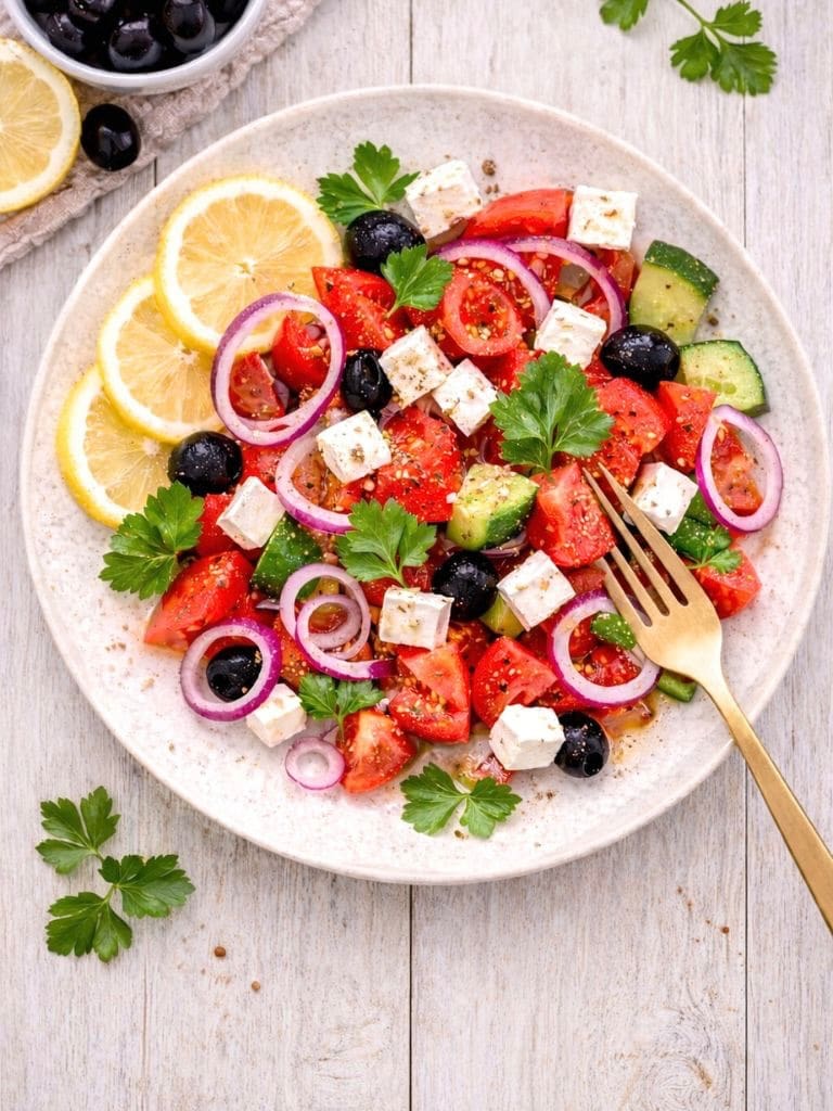 Griechischer Salat mit veganem Feta auf einem Teller.