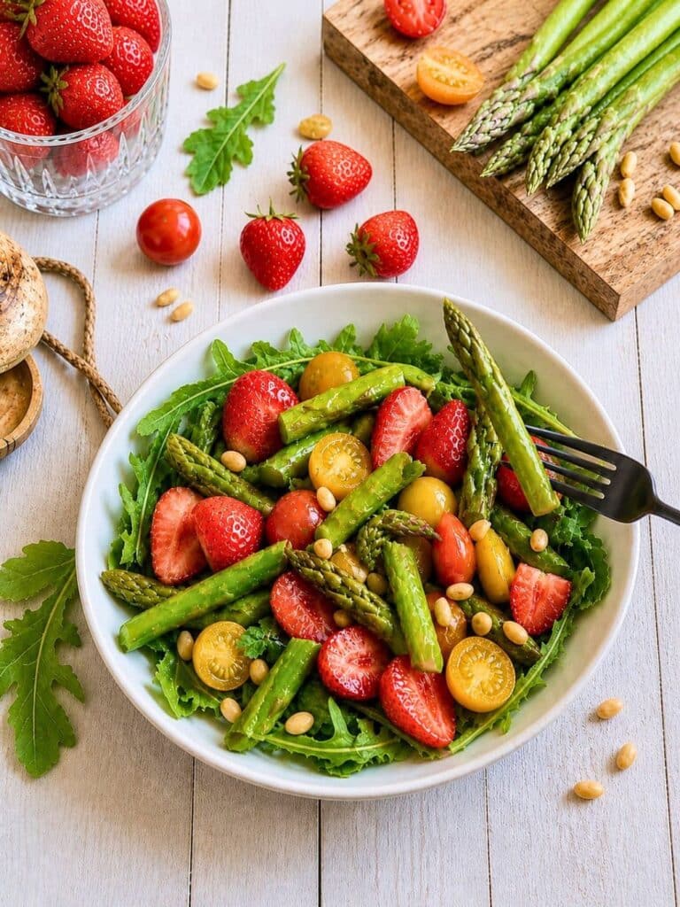 Einfacher Spargelsalat mit Erdbeeren und Rucola auf einem Teller.