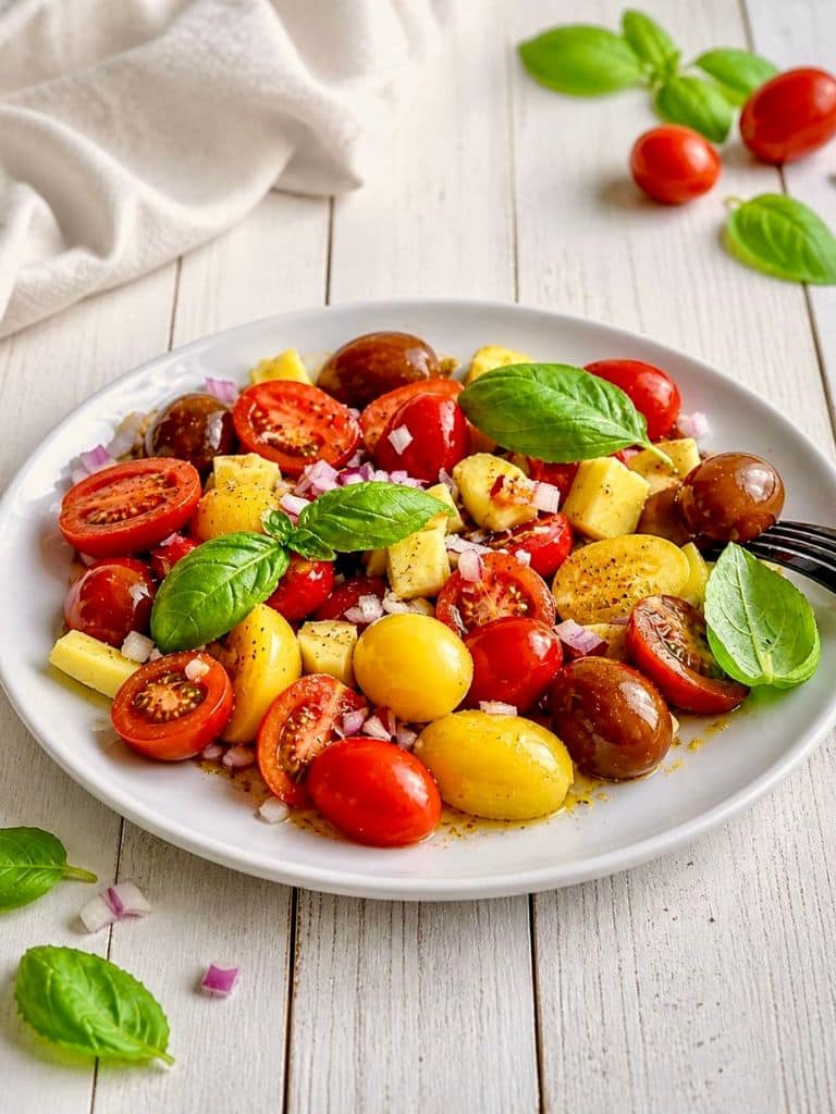 Veganer Tomaten-Mango-Salat mit Basilikum auf einem Teller.