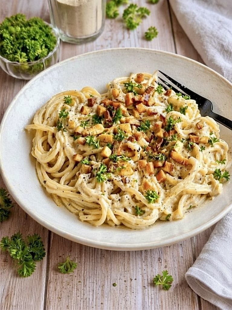 Cremige vegane Spaghetti Carbonara mit Petersilie auf einem Teller.