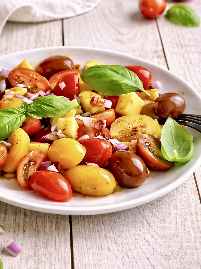 Frischer Tomaten-Mango-Salat mit Basilikum auf einem Teller.