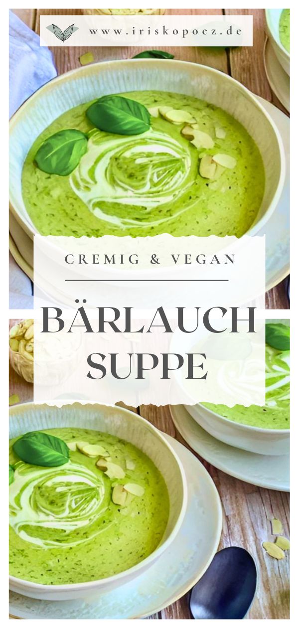 Vegane Bärlauchsuppe mit Basilikum im Suppenteller-Pin.