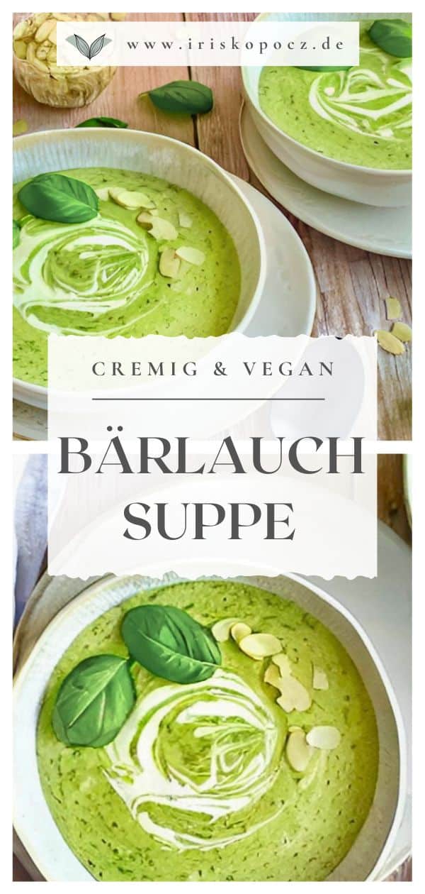 Vegane cremige Bärlauchsuppe in einem Teller-Pin.