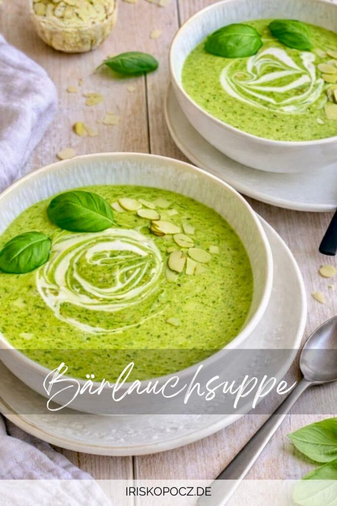 Vegane cremige Bärlauchsuppe in einem Suppenteller-Pin.