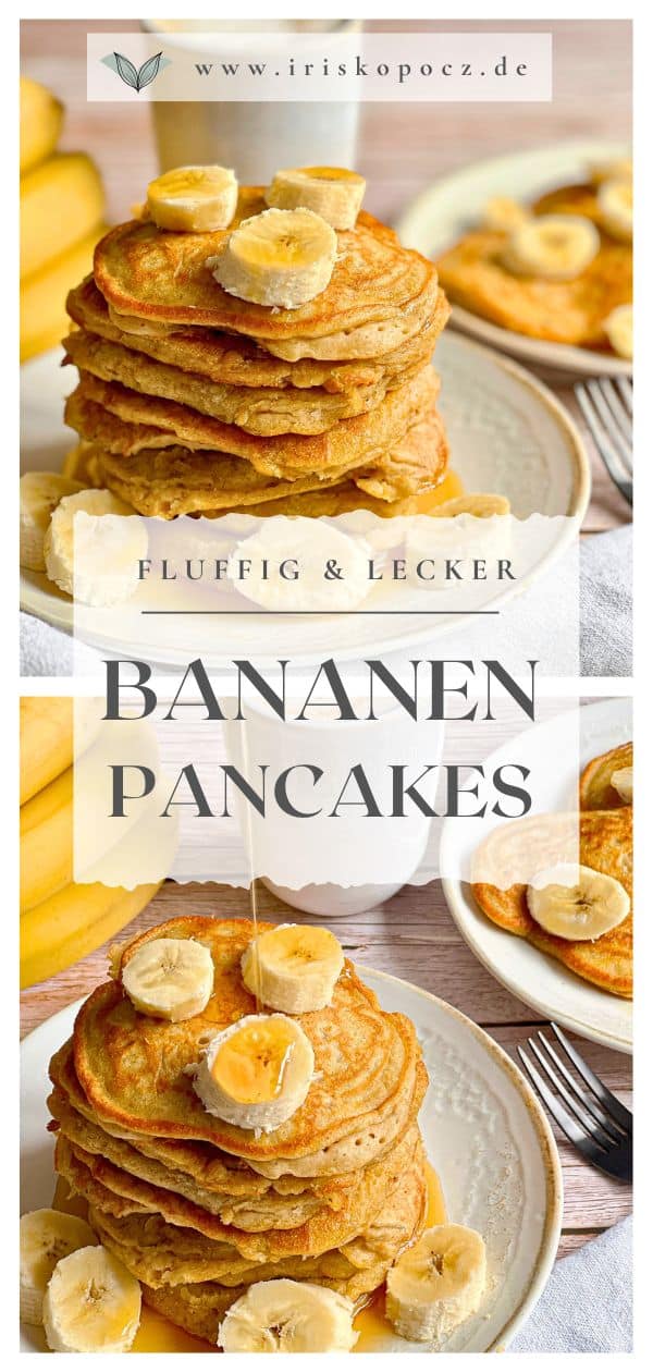 Fluffig vegane Bananen-Pancakes mit Ahornsirup-Pin.
