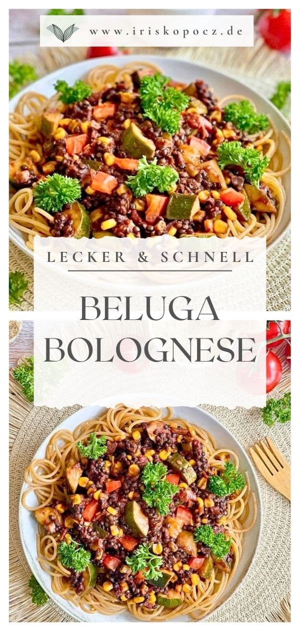 Vegane Beluga-Bolognese mit Gemüse und Spaghetti auf einem Teller-Pin.