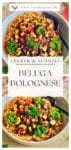 Vegane Beluga-Bolognese mit Gemüse und Spaghetti auf einem Teller-Pin.