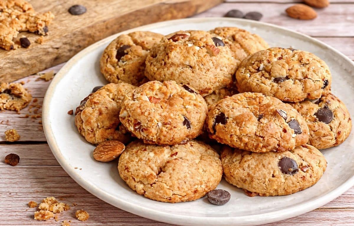 Vegane Erdnussbutter-Kekse mit Mandeln und Schokolade auf einem Teller.