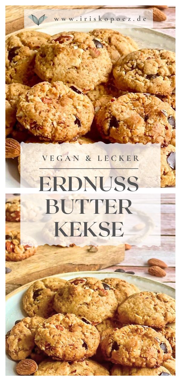 Vegane Erdnussbutter-Kekse mit Mandelbruch und Schokostückchen auf einem Teller-Pin