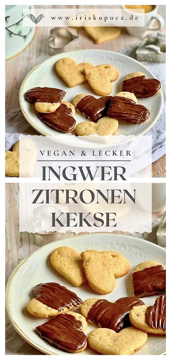 Vegane Ingwer-Zitronen-Kekse, teilweise mit Schokoladentopping, auf einem Telle-Pin.