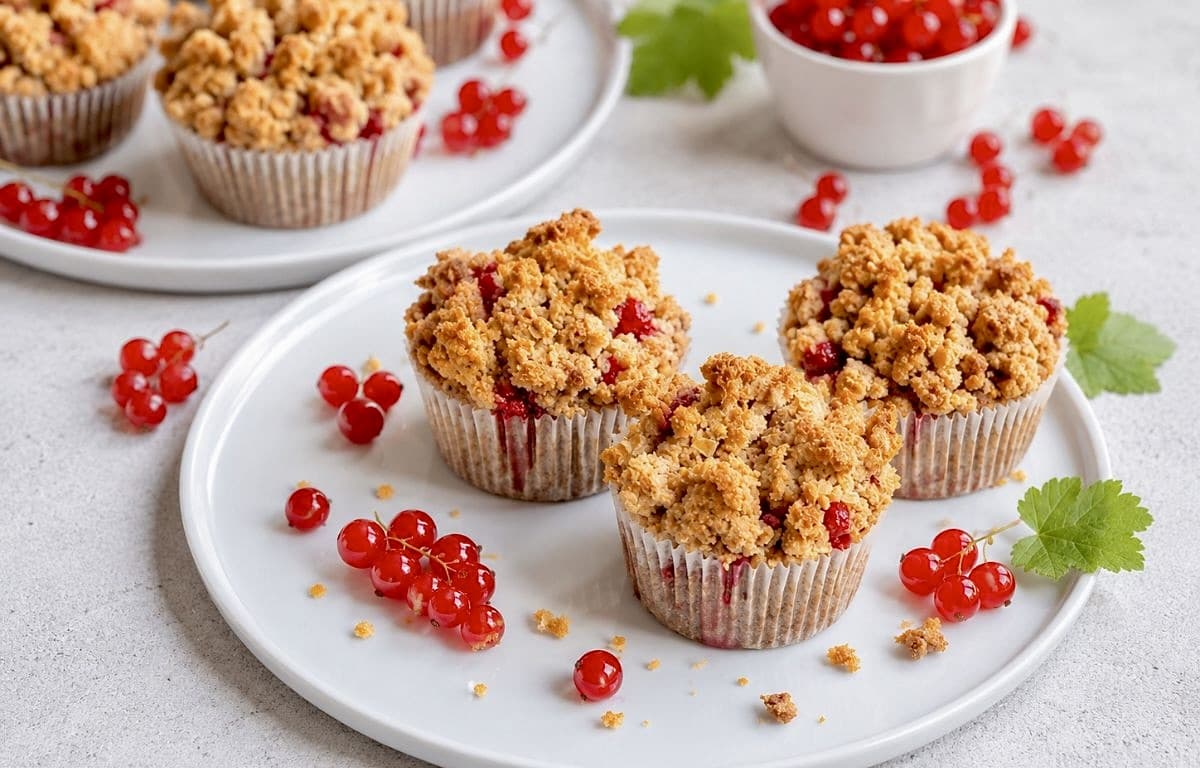 Vegane Johannisbeermuffins mit Streuseln auf Tellern