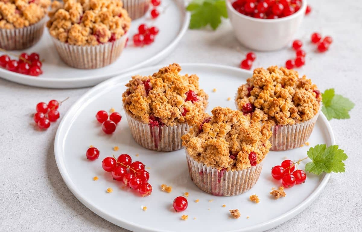 Vegane Johannisbeermuffins mit Streuseln auf Tellern.