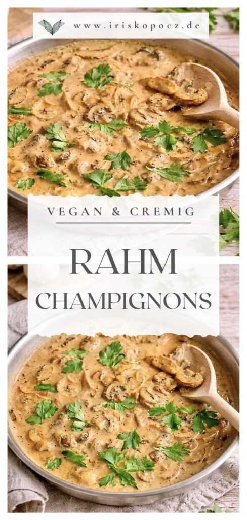 Vegane cremige Rahmchampignons in einer Pfanne-Pin.