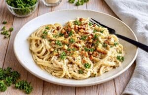 Vegane Spaghetti Carbonara mit Petersilie auf einem Teller.