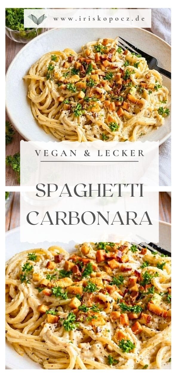 Vegane Spaghetti Carbonara mit Petersilie auf einem Teller-Pin.