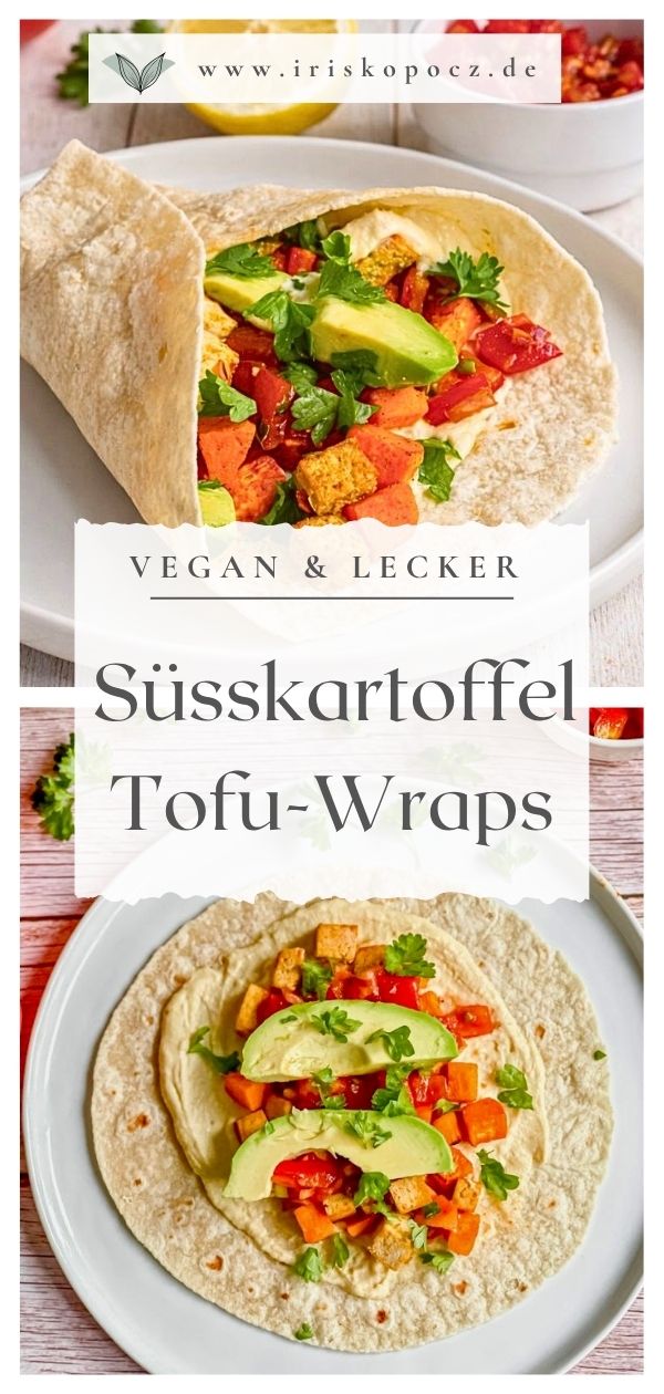 Vegane Wraps mit Süßkartoffelln, Tofu, Hummus, Tomatensalsa und Avocado auf einem Teller-Pin.