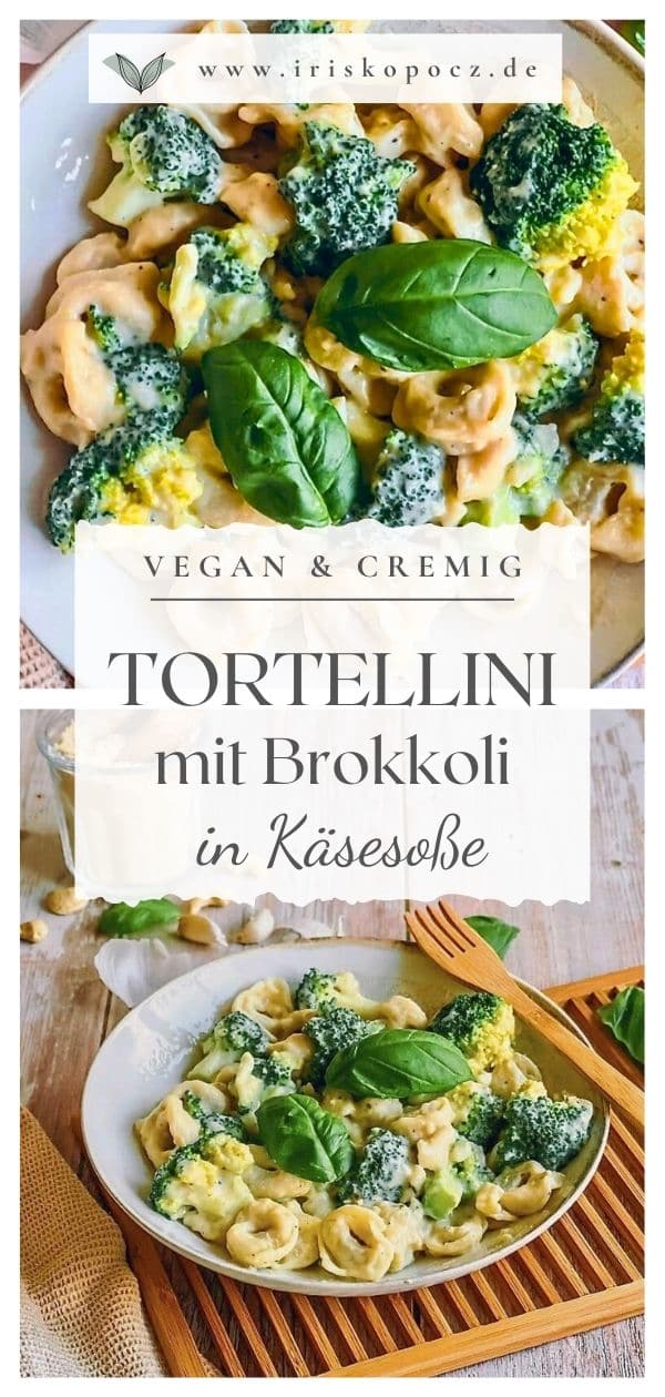 Vegane Tortellini mit Brokkoli in Käsesoße auf einem Teller auf einem Holzbrett-Pin.