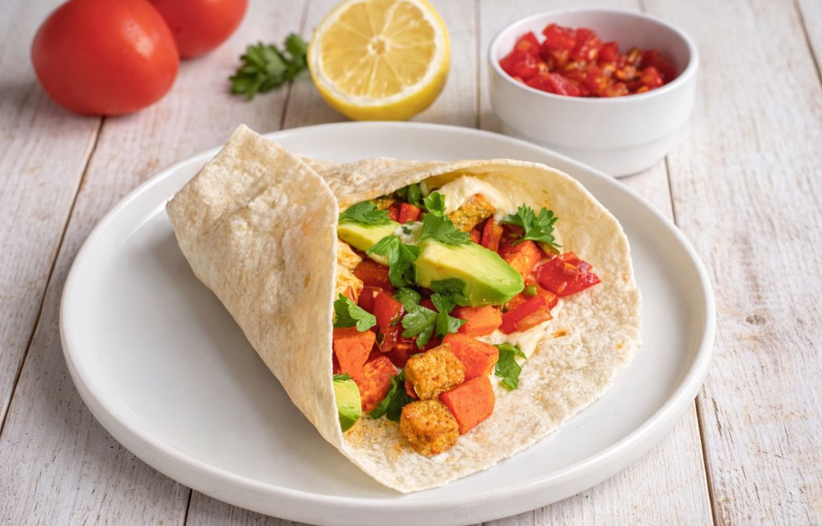 Vegane Wraps mit Süßkartoffelln und Tofu auf einem Teller.