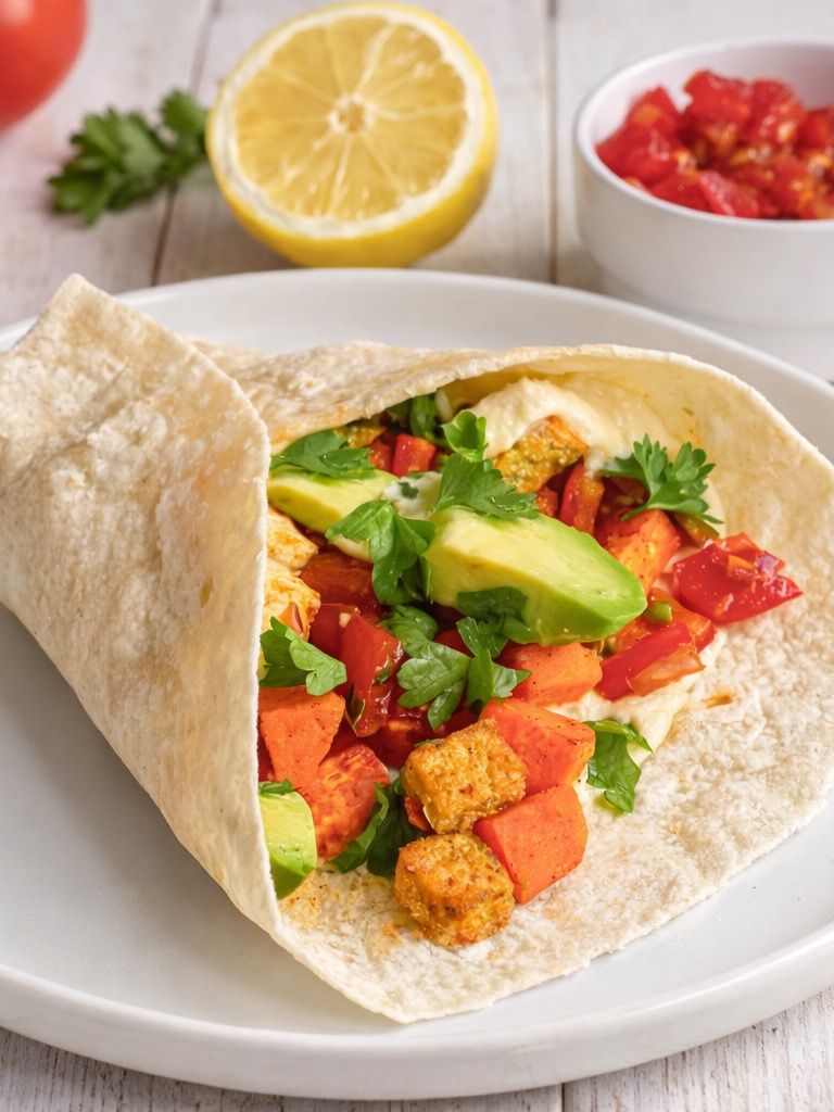 Vegane Wraps mit Süßkartoffelln und Tofu auf einem Teller.