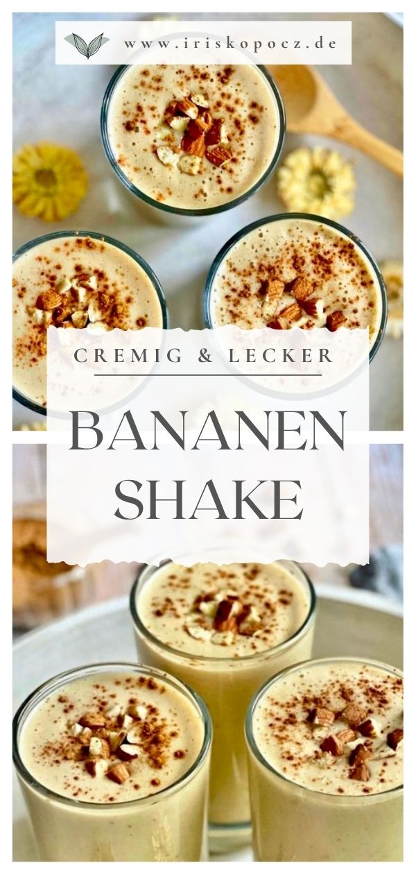 Veganer Bananenshake mit Mandeln und Zimt in drei Gläsern auf einem Tablett-Pin.