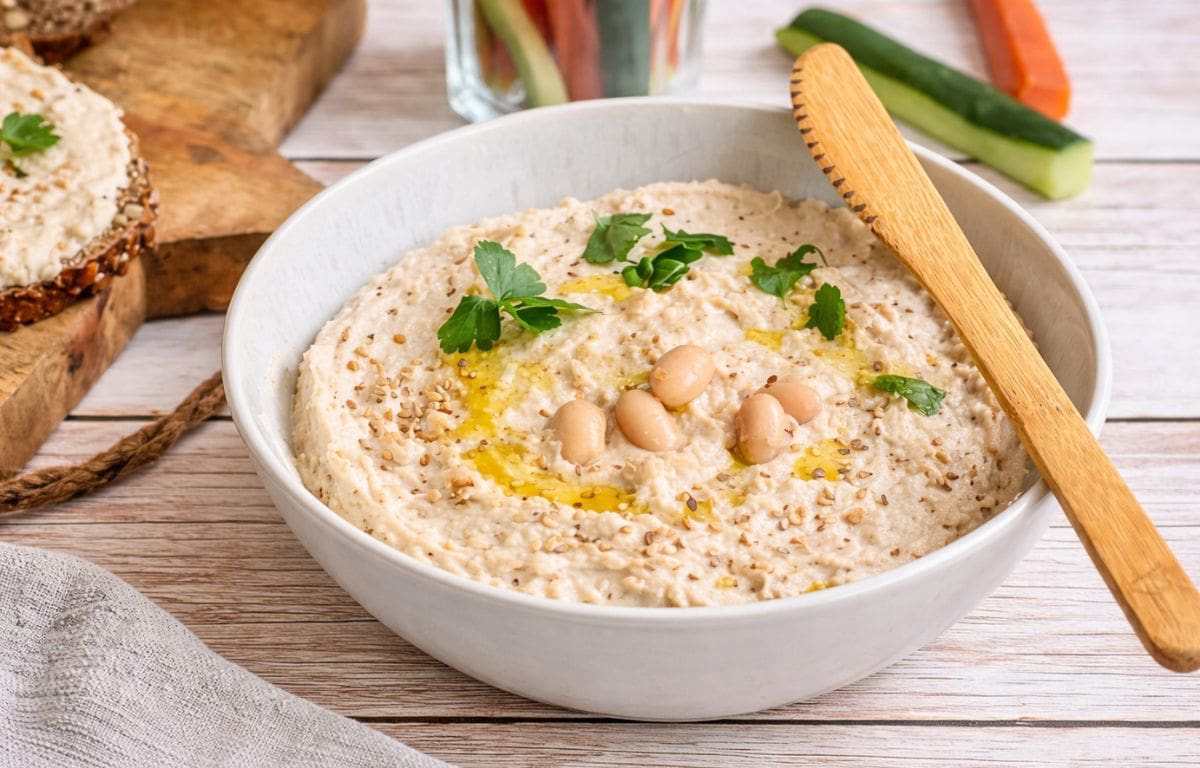 Veganer Bohnenaufstrich in einer Schüssel mit Rohkoststicks und Vollkornbrot.