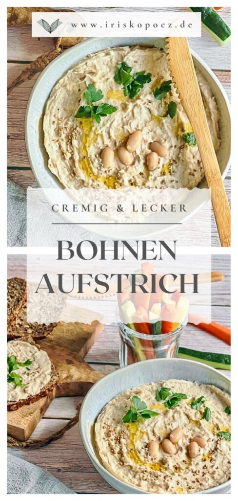 Cremiger Bohnenaufstrich in einer Schüssel mit Rohkoststicks und Vollkornbrot-Pin.