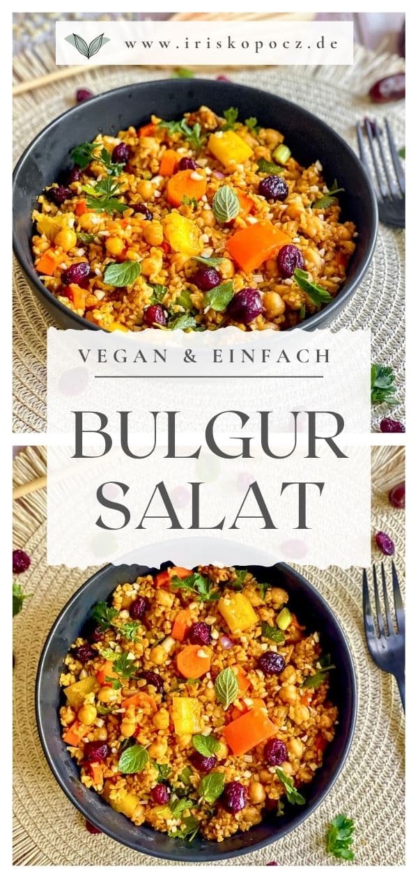 Veganer Bulgursalat mit Gemüse und Kräutern in einer Schüssel - Pin.
