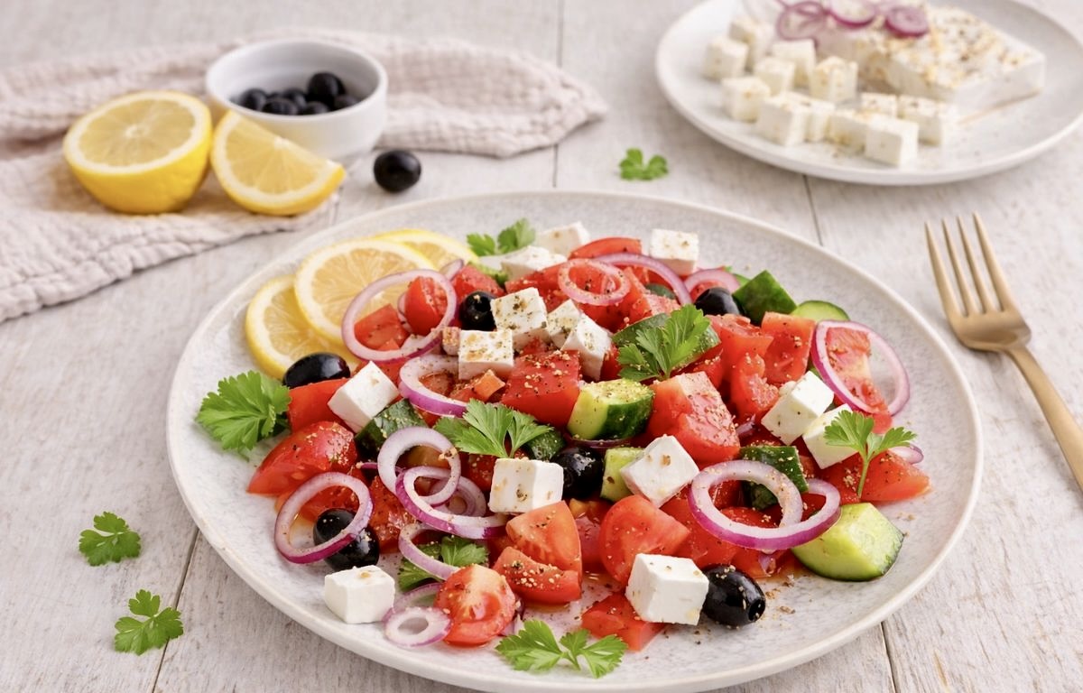 Veganer griechischer Salat auf einem Teller.