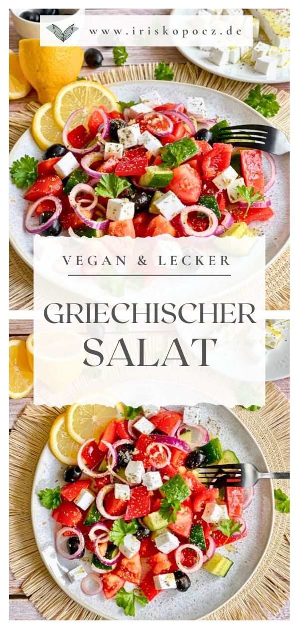 Griechischer Salat mit veganem Feta auf einem Teller-Pin.